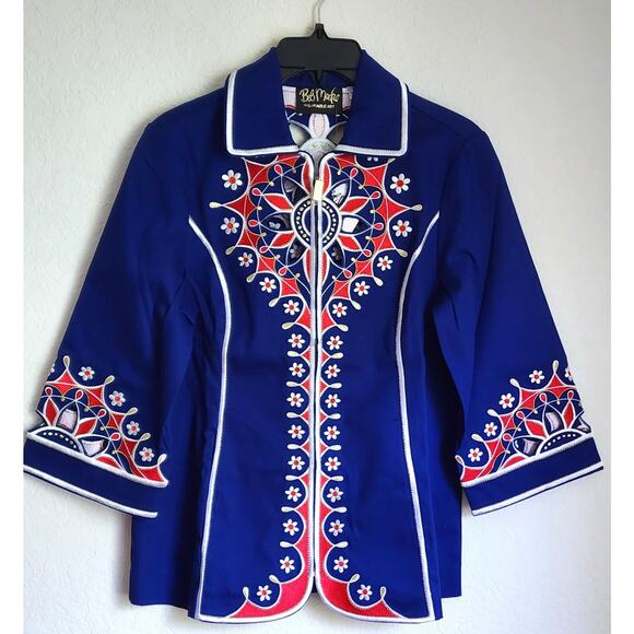 TOP-BOB MACKIE WEARABLE ART-Blue Red-Embroidery-Zipper-Cut Outs-SIZE XSMAL-NWT - Picture 1 of 16